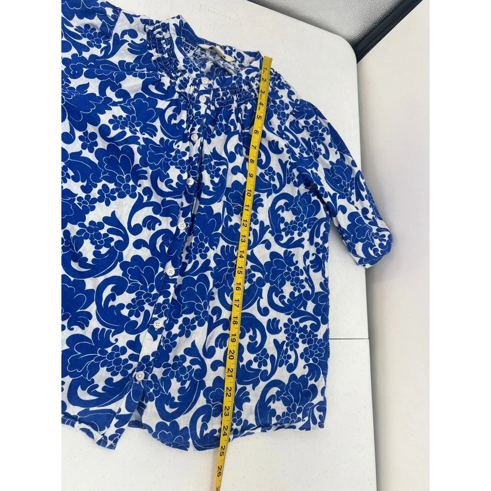 Boden Womens 10 Blue White Floral Linen Smocked Puff Sleeve Button Down Blouse